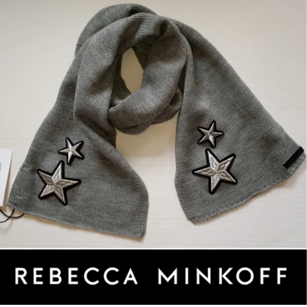 Rebecca Minkoff Gray Knit Star Applique Embroidered Scarf